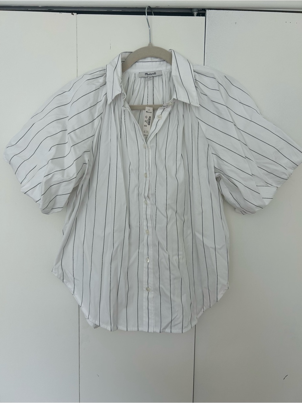 Madewell White Button-Front Puff Sleeve Stripe Shirt